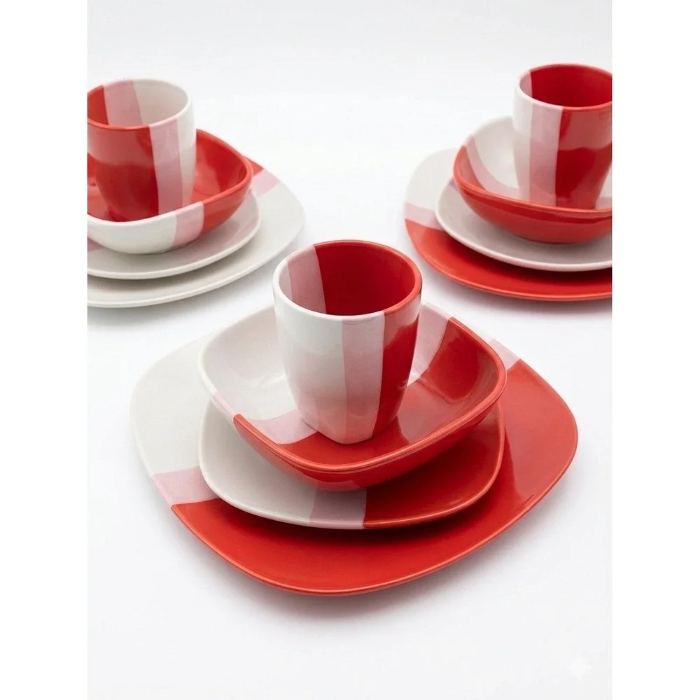 Gibson Home Surreal‎ Hues Square Dinnerware Set Red White Color Block 4pc Set